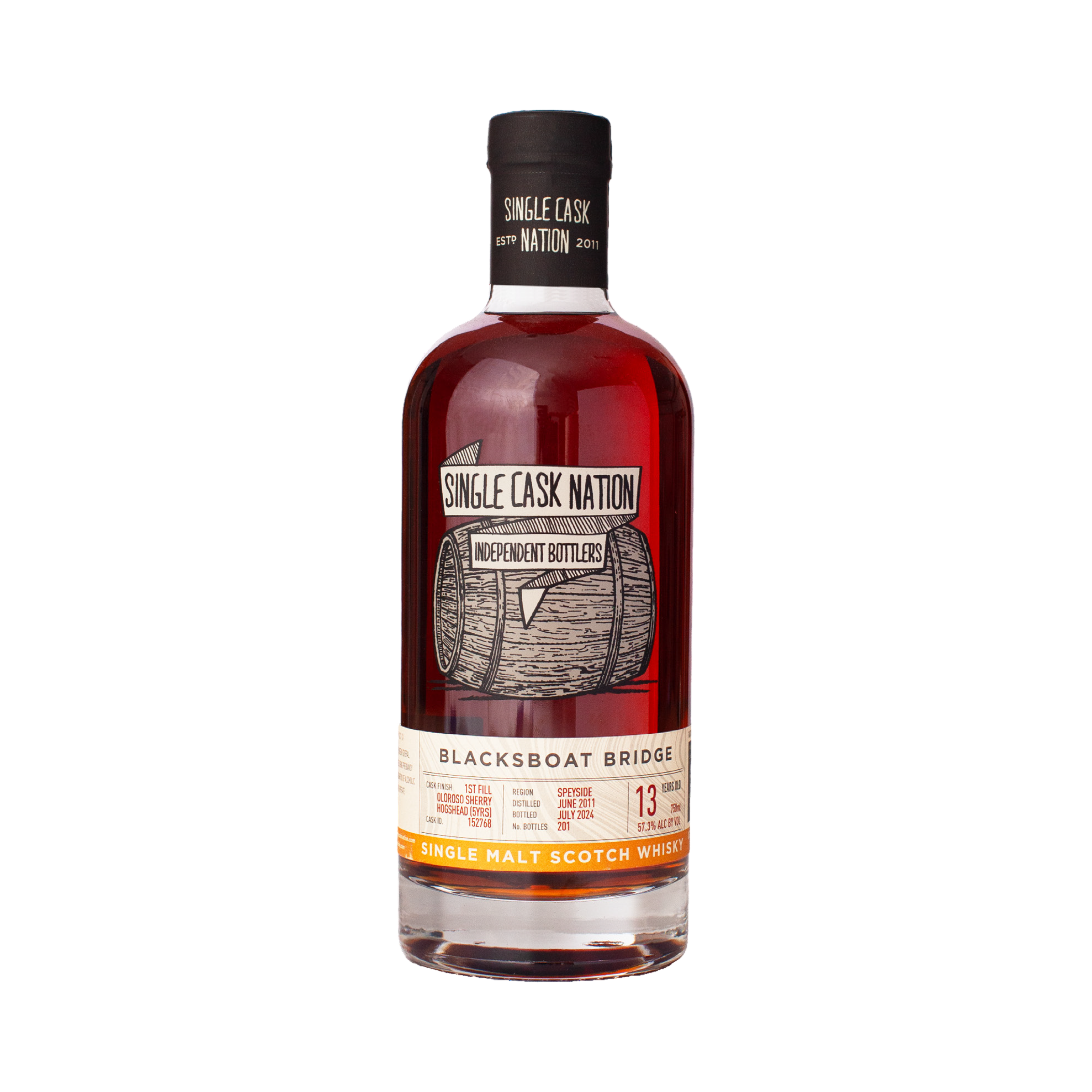 2011 Single Cask Nation Blacksboat Bridge 13 Year Old 1st Fill Oloroso Sherry Hogshead No. 152768 Single Barrel Cask Strength Single Malt Scotch Whisky 750ml