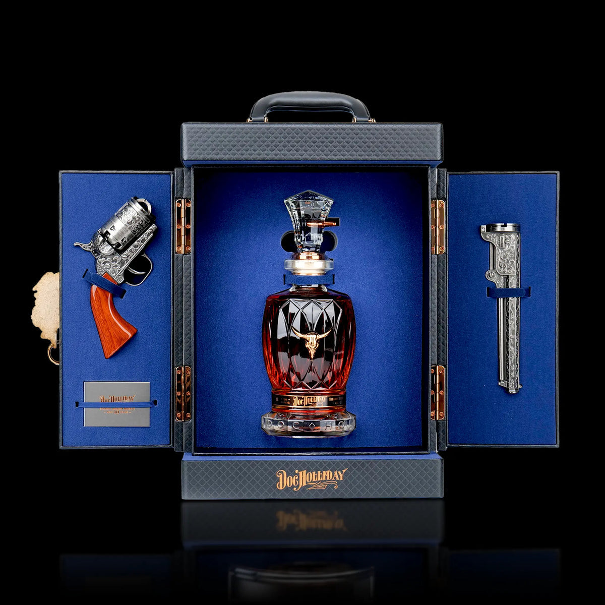 World Whiskey Society Doc Holliday 10 Year Old Straight Bourbon Whiskey Collector's Case with Revolver Decanter