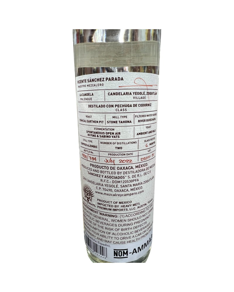 Rey Campero “Pechuga de Codorniz” Mezcal 48.8% alc 750ML